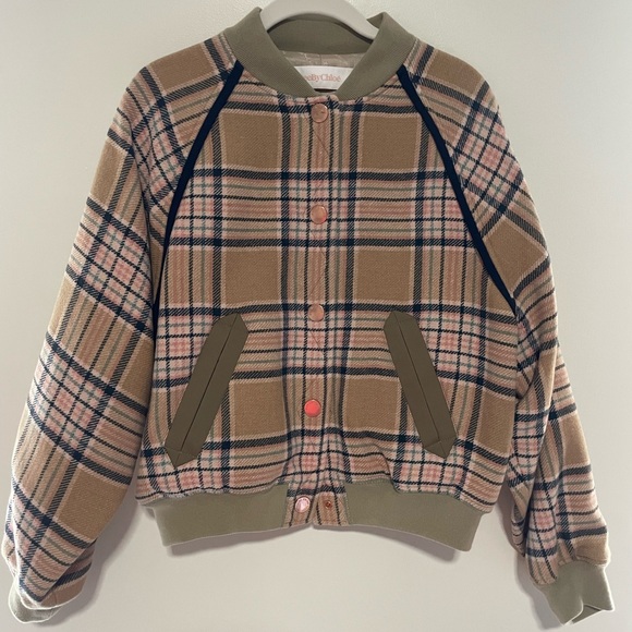 See by Chloe Wool Bomber (Multi-Color Beige) Plaid Jacket - Size 36 - Picture 7 of 15